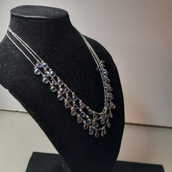 Silver tone Three Strand Multi layer Blue Rhinestone Collar Necklace - Picture 2 of 7